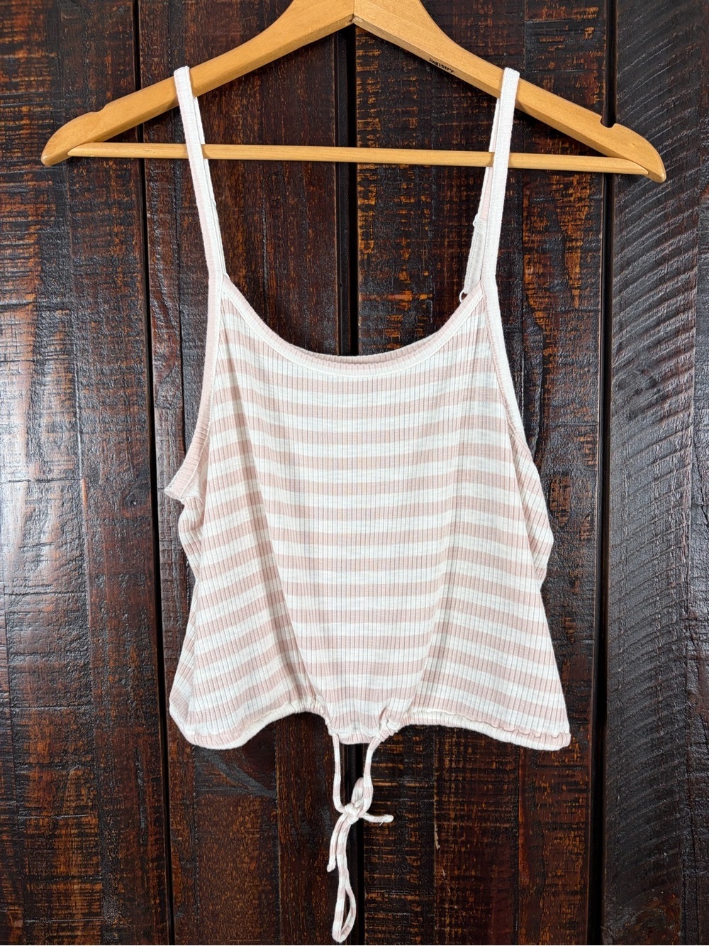Aerie Cropped Cami Striped Ribbed Tie-Hem Tank Top, Blush Pink White Medium